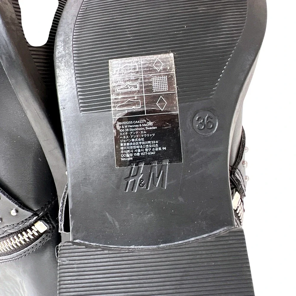 H&M Divided Black Studded Triple Buckle Ankle Boots Wm 5.5 EUR 36 EUC Punk Moto - Picture 12 of 13